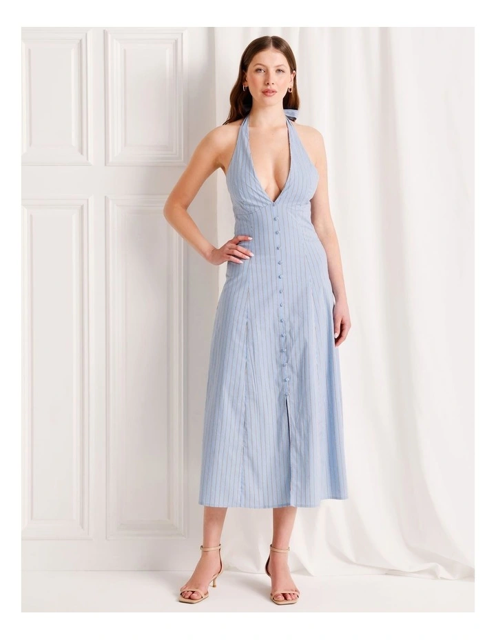 Poplin Halter Neck Midi Dress in Blue image 3