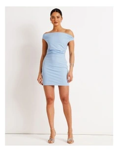 Off Shoulder Woven Drape Mini Dress in Sky Blue