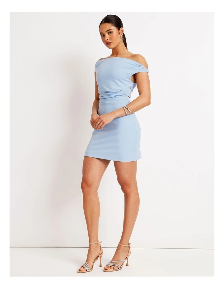 Off Shoulder Woven Drape Mini Dress in Sky Blue image 2