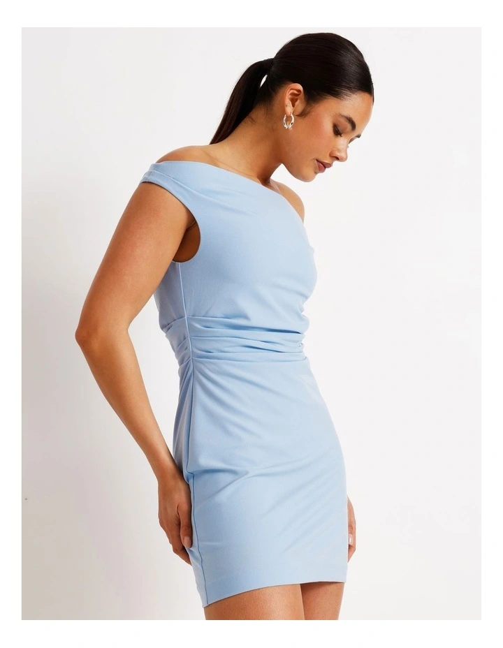 Off Shoulder Woven Drape Mini Dress in Sky Blue image 3