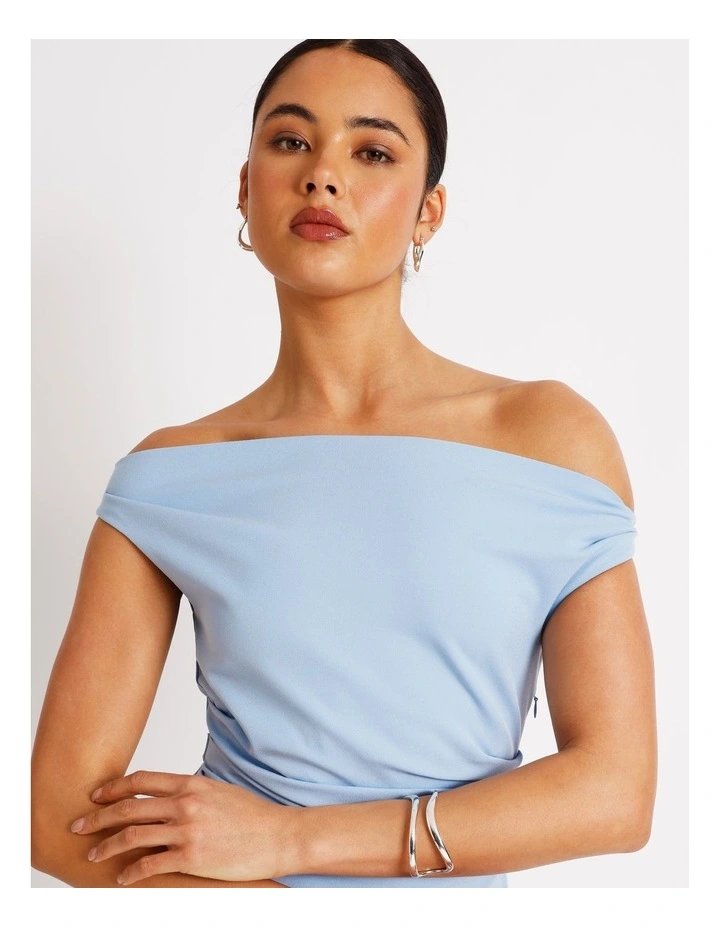 Off Shoulder Woven Drape Mini Dress in Sky Blue image 4