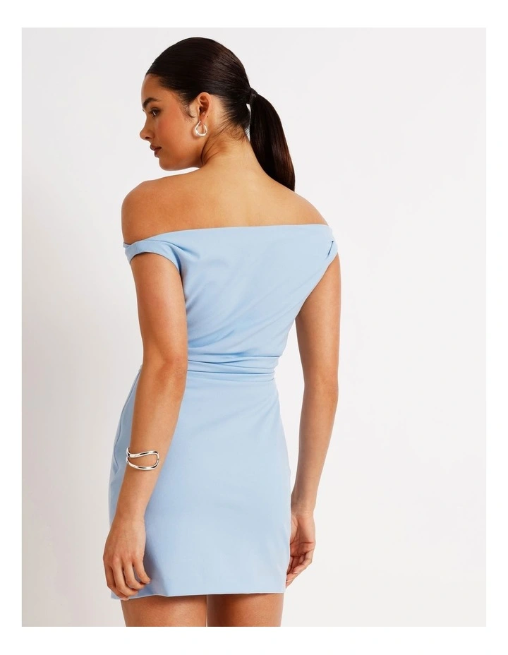 Off Shoulder Woven Drape Mini Dress in Sky Blue image 6