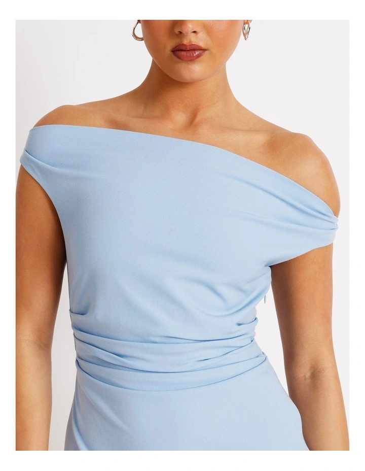 Off Shoulder Woven Drape Mini Dress in Sky Blue image 7