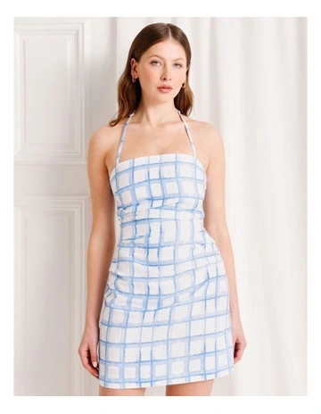 Linen Blend Halter Neck Mini Dress in Blue