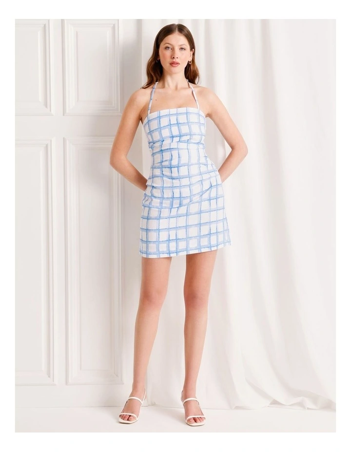 Linen Blend Halter Neck Mini Dress in Blue image 2