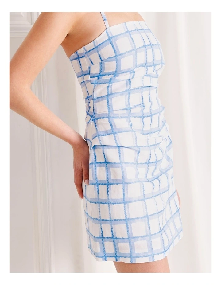 Linen Blend Halter Neck Mini Dress in Blue image 4