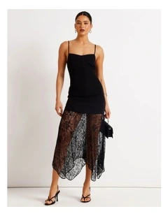 Tailored Lace Skirt Midi Dress in Black