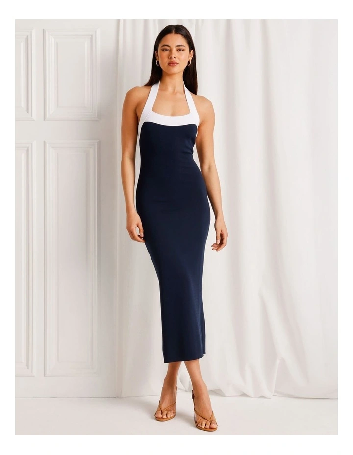 Halter Neck Knit Midi Dress in Navy image 1