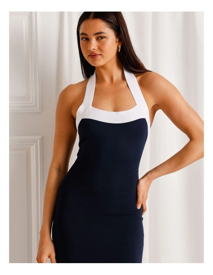 Halter Neck Knit Midi Dress in Navy image 2