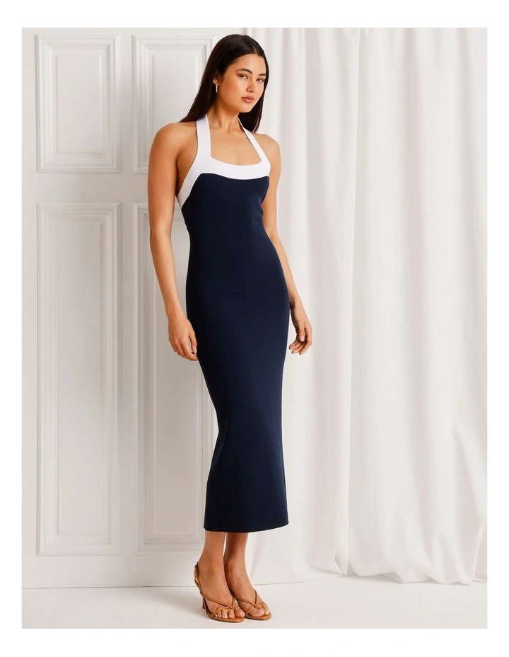 Halter Neck Knit Midi Dress in Navy image 3