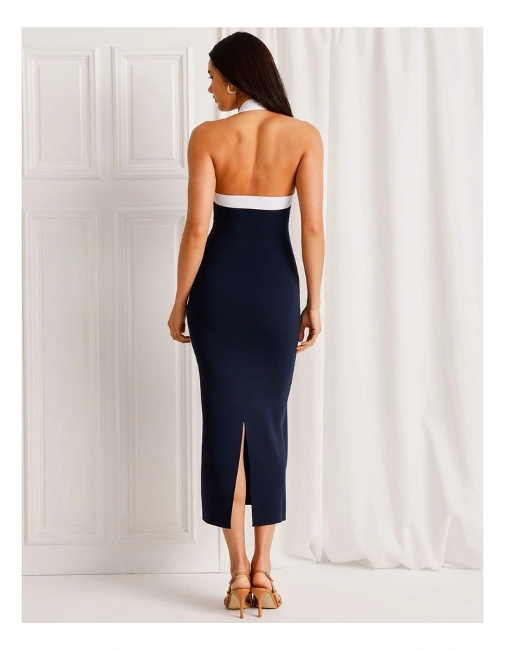 Halter Neck Knit Midi Dress in Navy image 4