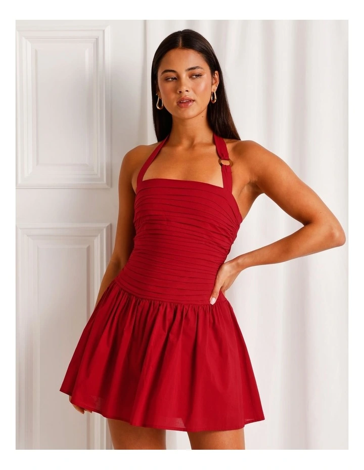 Cotton Ruched Halter Mini Dress in Ruby image 2