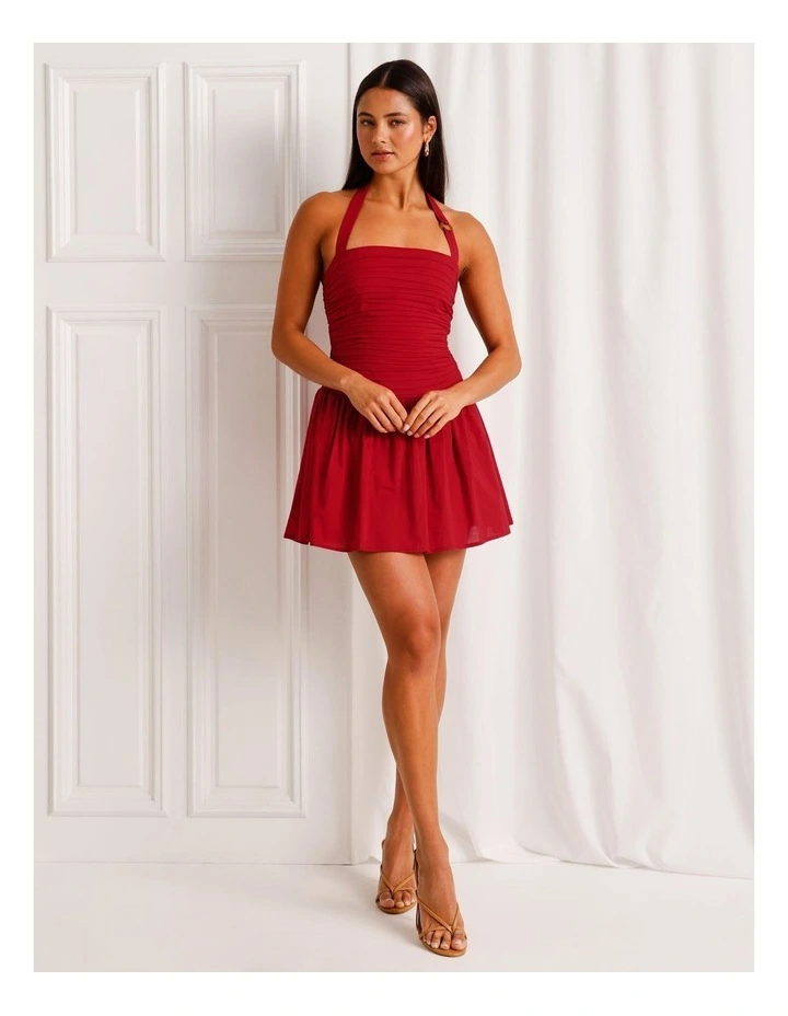 Cotton Ruched Halter Mini Dress in Ruby image 3