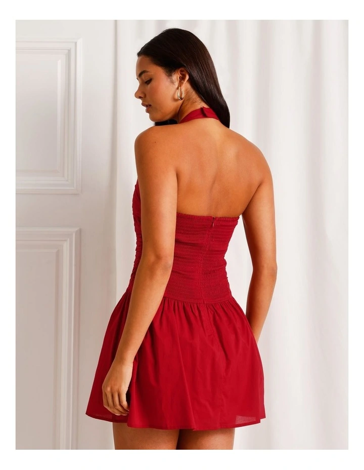 Cotton Ruched Halter Mini Dress in Ruby image 5