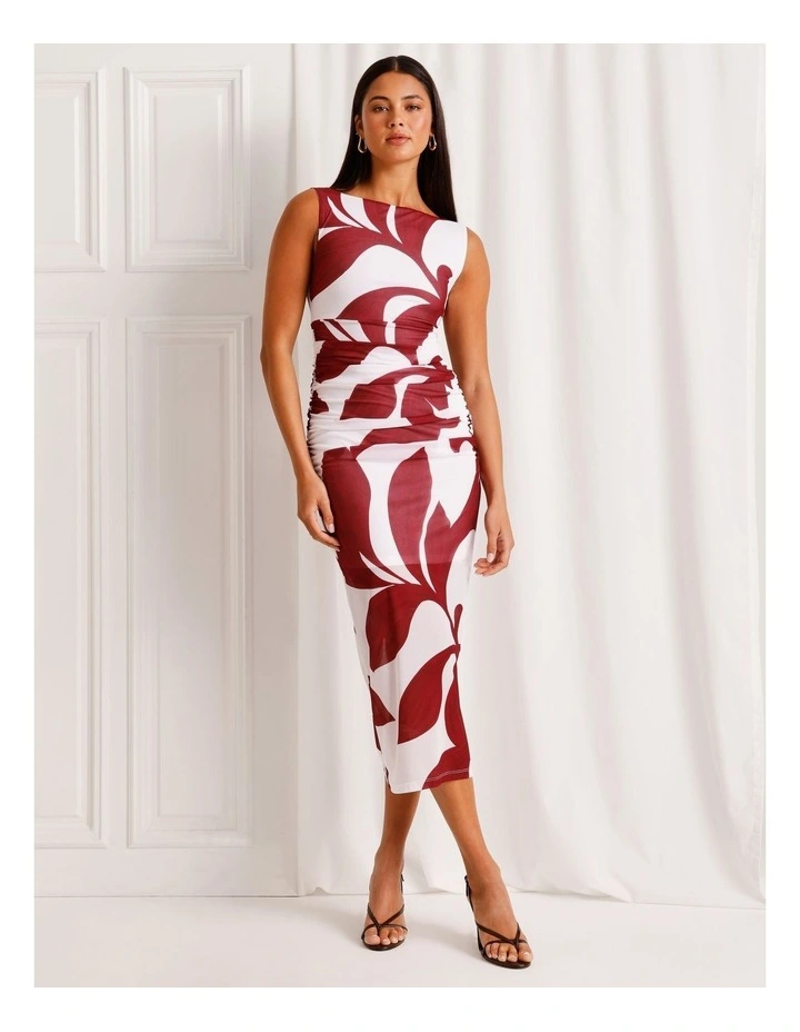 Mesh Ruched Midi Dress in Red image 1