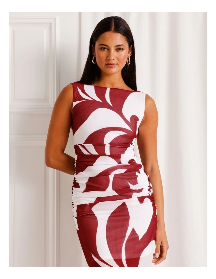 Mesh Ruched Midi Dress in Red image 2