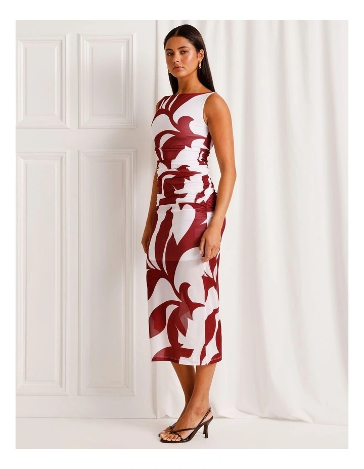 Mesh Ruched Midi Dress in Red image 3