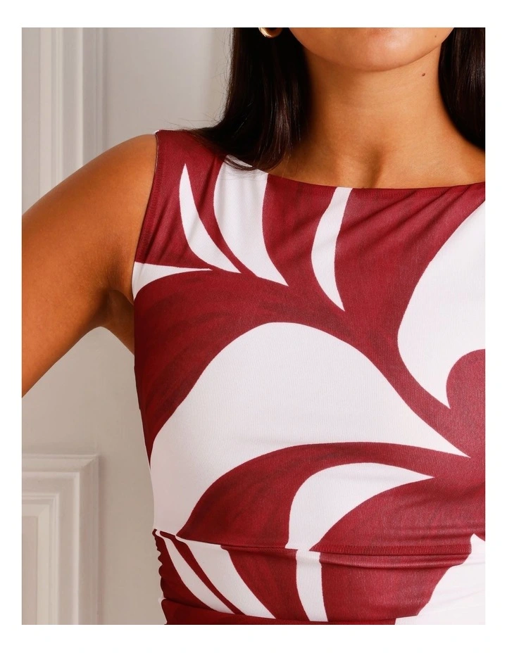 Mesh Ruched Midi Dress in Red image 4