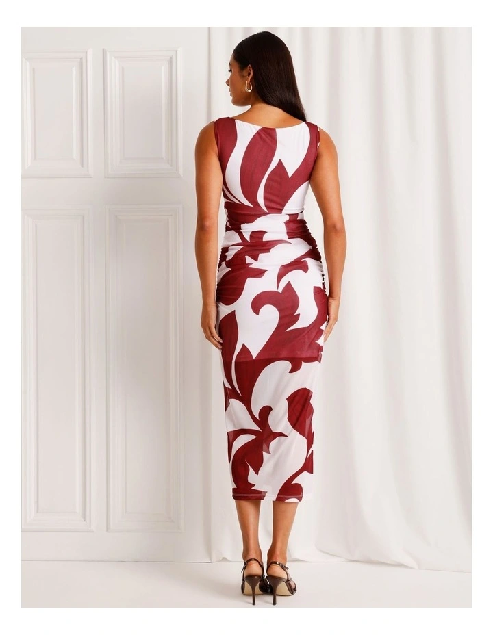 Mesh Ruched Midi Dress in Red image 5