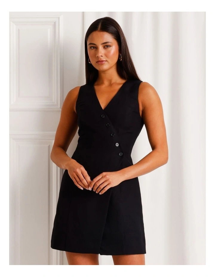 Linen Blend Asymmetrical Mini Dress in Black image 1