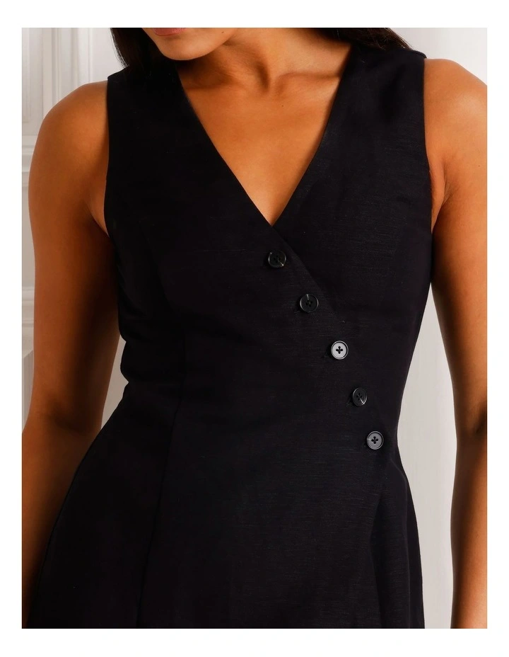 Linen Blend Asymmetrical Mini Dress in Black image 3