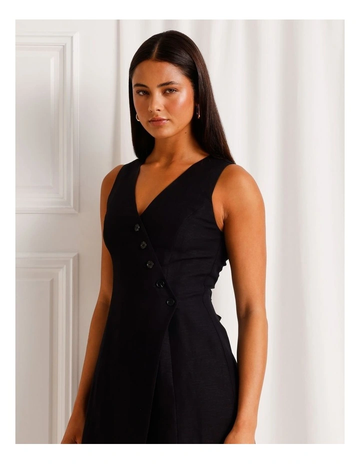 Linen Blend Asymmetrical Mini Dress in Black image 4