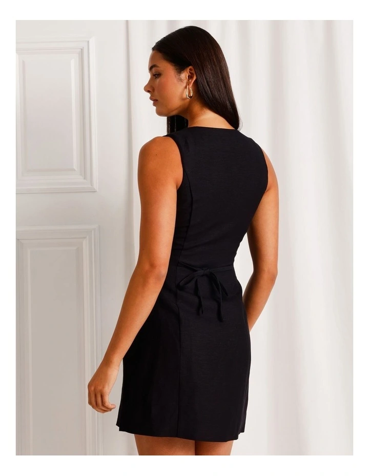 Linen Blend Asymmetrical Mini Dress in Black image 5