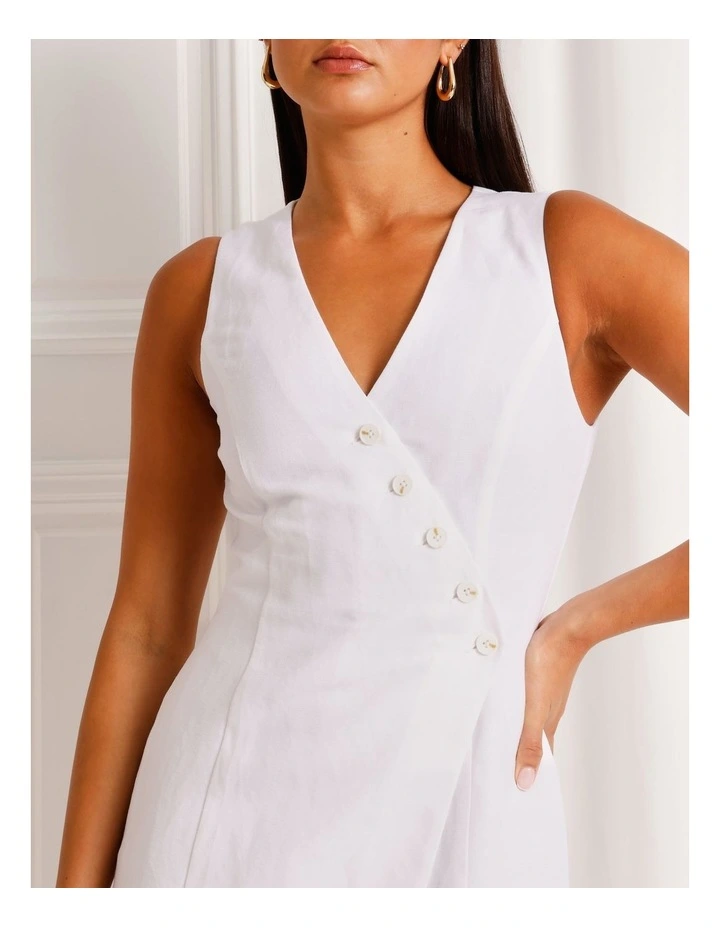 Linen Blend Asymmetrical Mini Dress in White image 4
