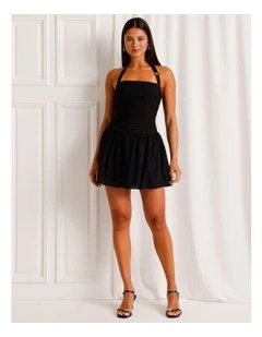 Cotton Ruched Halter Mini Dress in Black
