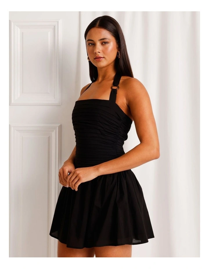 Cotton Ruched Halter Mini Dress in Black image 2