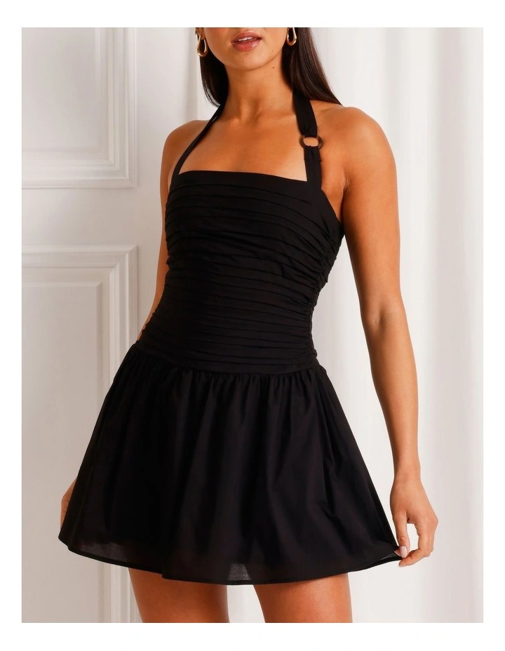 Cotton Ruched Halter Mini Dress in Black image 3
