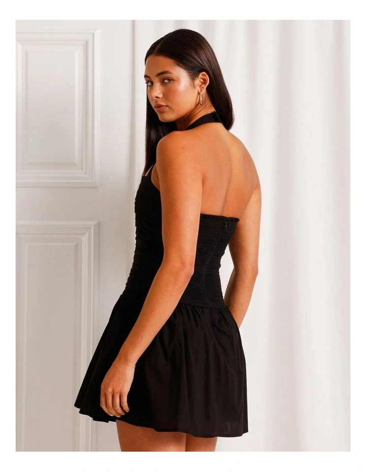 Cotton Ruched Halter Mini Dress in Black image 5
