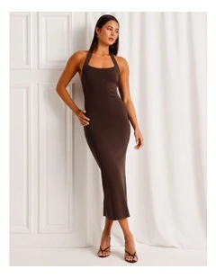Halter Neck Knit Midi Dress in Dark Brown