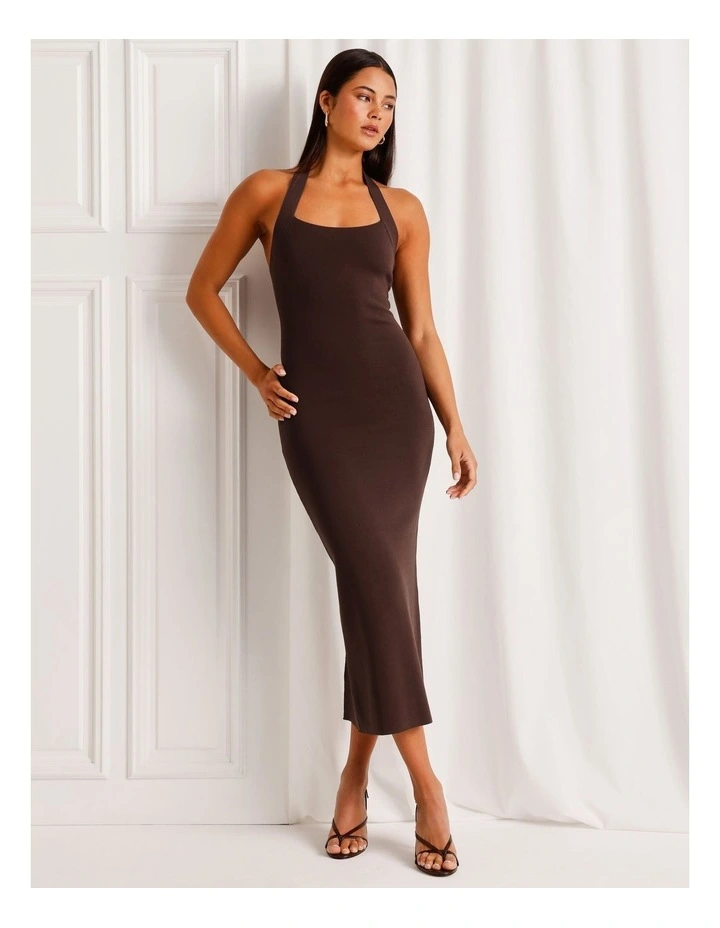 Halter Neck Knit Midi Dress in Dark Brown image 1