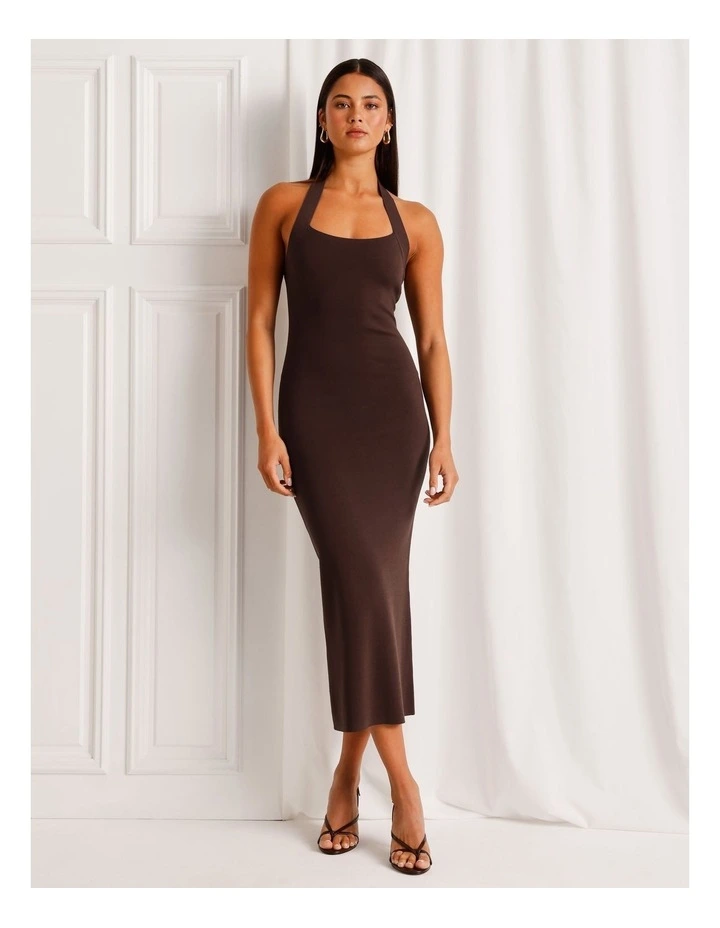 Halter Neck Knit Midi Dress in Dark Brown image 3