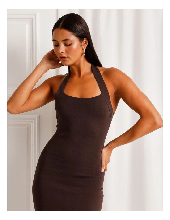 Halter Neck Knit Midi Dress in Dark Brown image 4