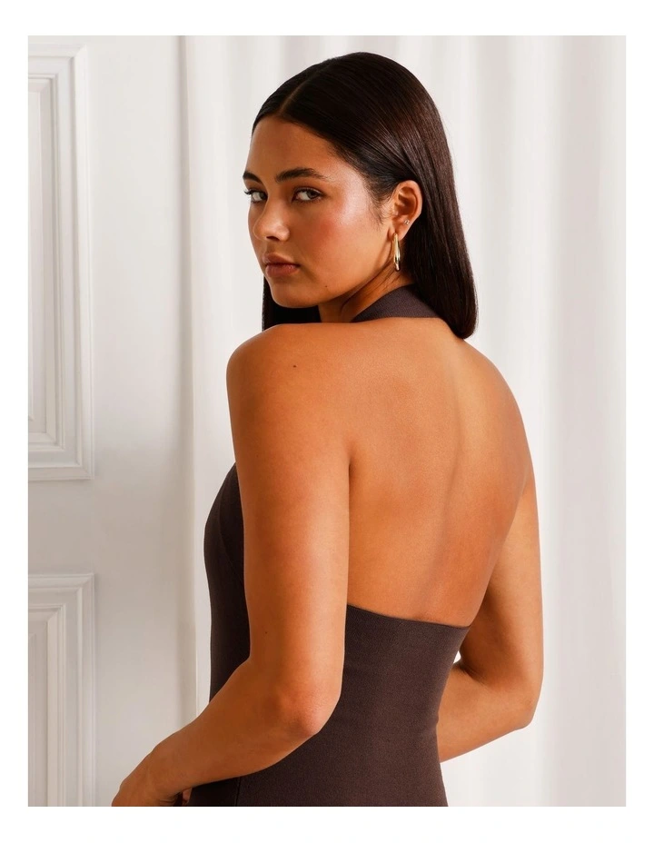 Halter Neck Knit Midi Dress in Dark Brown image 5