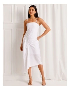 Textured Ruched Asymmetrical Midi Dress in White