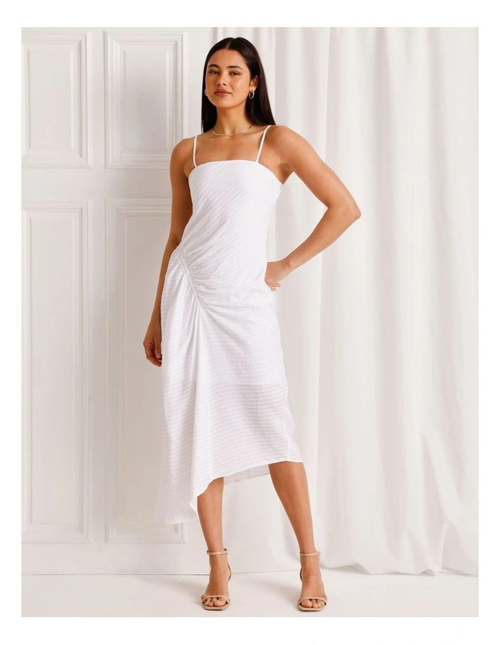 Textured Ruched Asymmetrical Midi Dress in White image 1