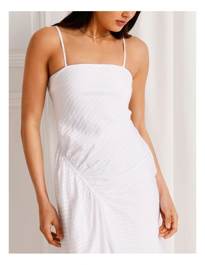 Textured Ruched Asymmetrical Midi Dress in White image 2