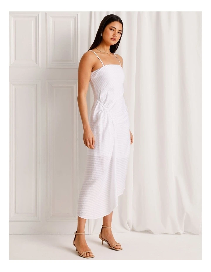 Textured Ruched Asymmetrical Midi Dress in White image 3