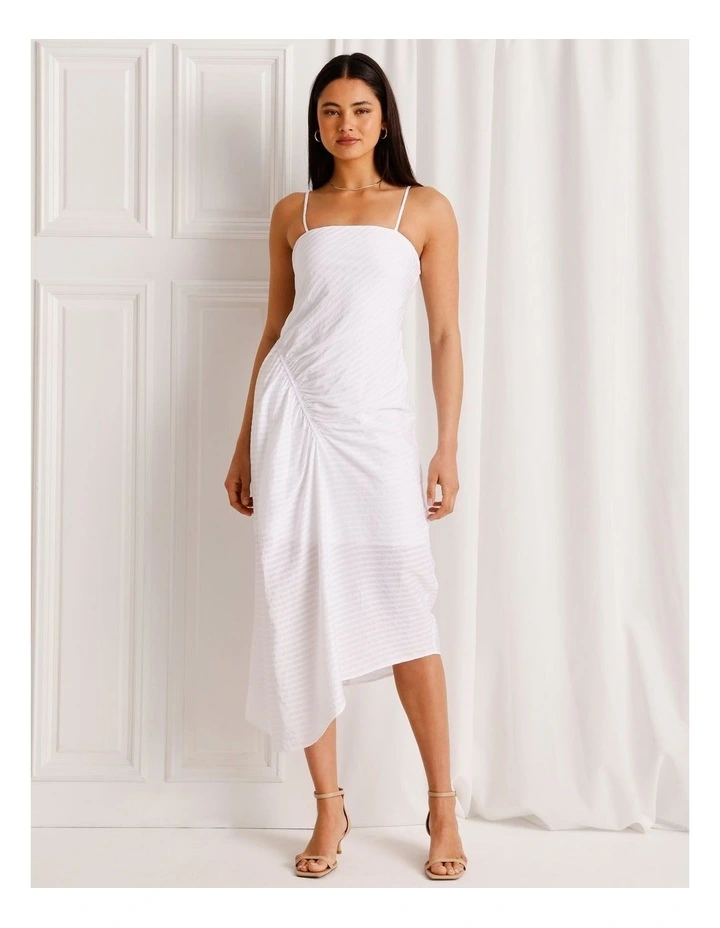 Textured Ruched Asymmetrical Midi Dress in White image 5