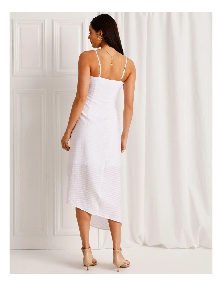 Textured Ruched Asymmetrical Midi Dress in White image 6