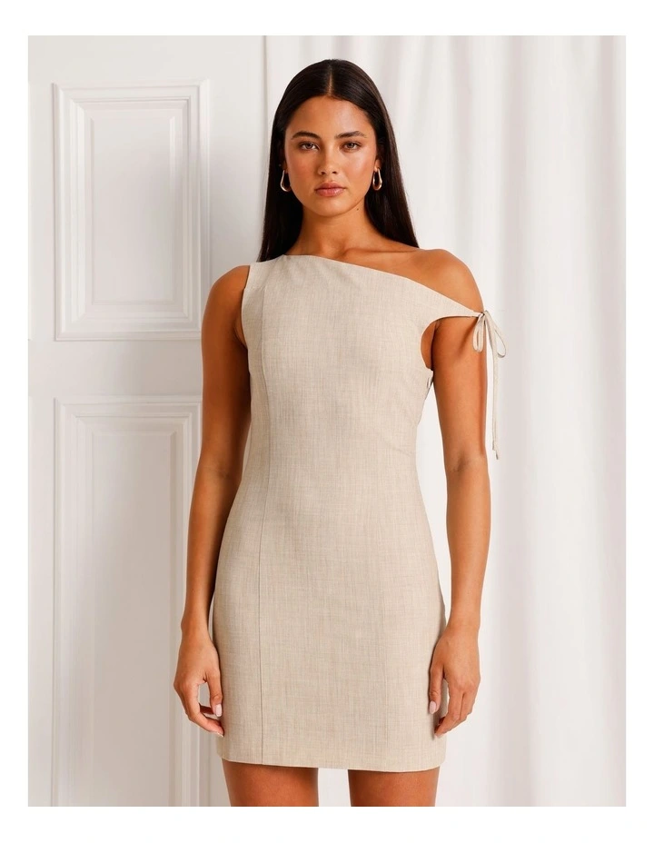 Asymmetric Tie Mini Dress in Stone image 1