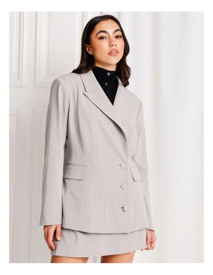 Pinstripe Stripe Asymmetric Blazer in Silver Grey image 3