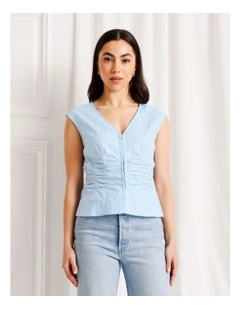 Gathered Detail Poplin Top in Light Blue