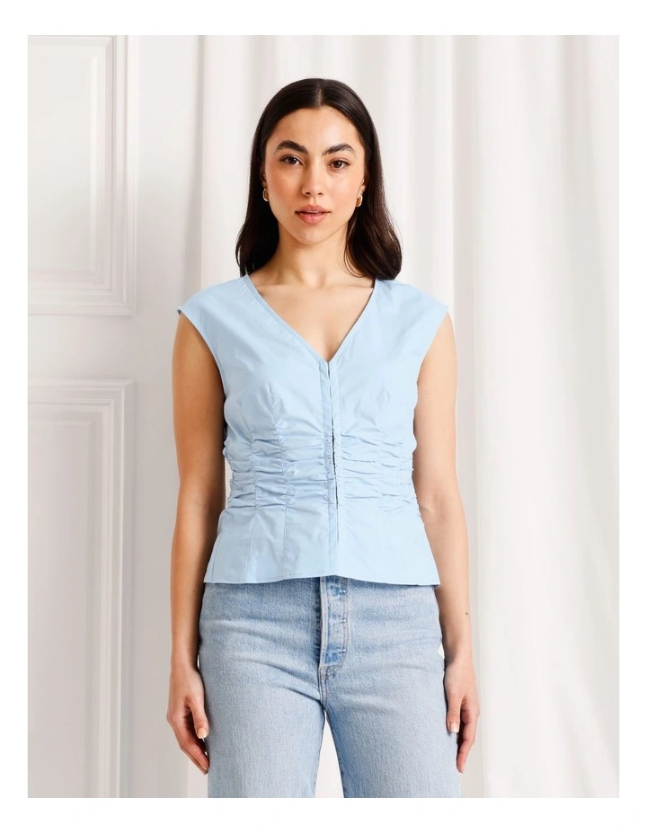 Gathered Detail Poplin Top in Light Blue image 1