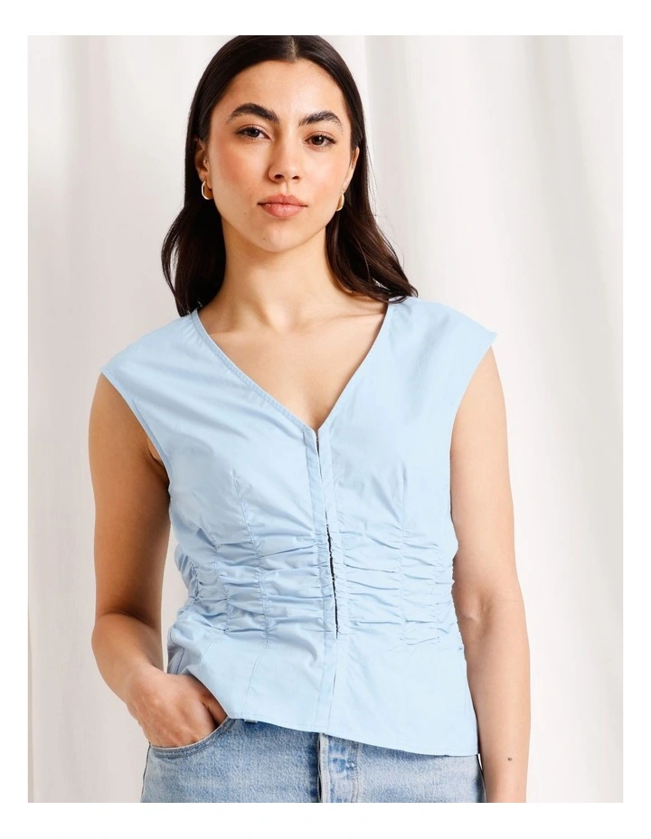 Gathered Detail Poplin Top in Light Blue image 2