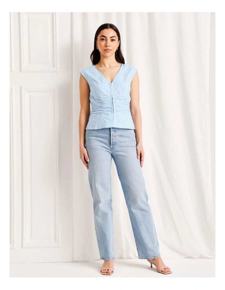 Gathered Detail Poplin Top in Light Blue image 3