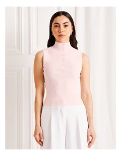 Sleeveless Button Rib Knit Tank in Light Pink